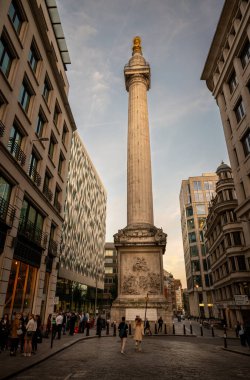 London, UK: The Monument to the Great Fire of London or simply The Monument is a Doric column located in the City of London. The Monument was designed by Christopher Wren. Evening view. clipart