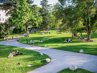 Viyana, Avusturya - Haziran 2022: Viyana 'daki Burggarten parkında insanlar, turistler ve yerel halk dinleniyor ve yeşil çimlerde eğleniyorlar.