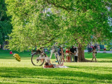 Viyana, Avusturya - Haziran 2022: Viyana 'daki Burggarten parkında insanlar, turistler ve yerel halk dinleniyor ve yeşil çimlerde eğleniyorlar.