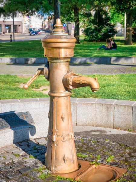 屋外の水道 オーストリアのウィーンにある公園で青銅製のヴィンテージの蛇口で閉じます — ストック写真
