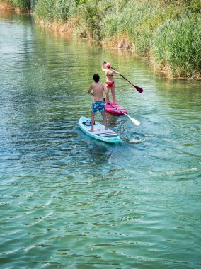 Viyana, Avusturya - Haziran 2022: Sahilde kayak yapan ve Kaiserwasser Alte Donau Parkı 'nda (Strandbad Gansehaufel)
