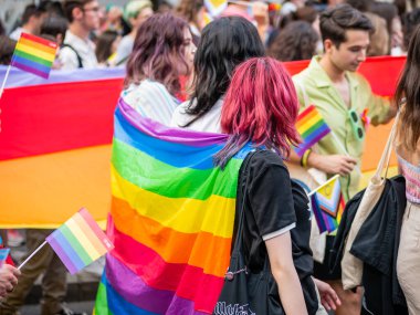 Bükreş, Romanya - Temmuz 2022: Bükreş 'teki Onur Yürüyüşü mitinginde LGBTQ gökkuşağı bayrağı