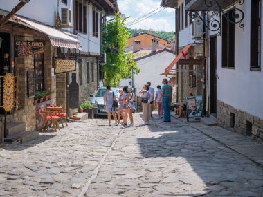 Veliko Tarnovo, Bulgaria - August 2022: Samovodska Charshiya street one of the most important tourist attraction in Veliko Tarnovo
