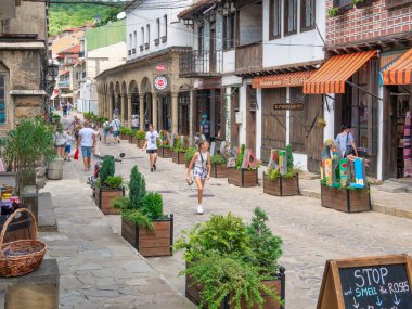 Veliko Tarnovo, Bulgaria - August 2022: Samovodska Charshiya street one of the most important tourist attraction in Veliko Tarnovo