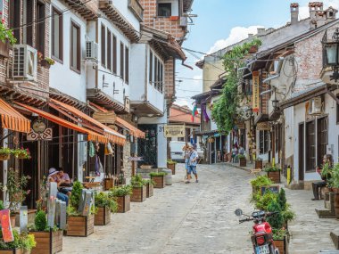 Veliko Tarnovo, Bulgaria - August 2022: Samovodska Charshiya street one of the most important tourist attraction in Veliko Tarnovo