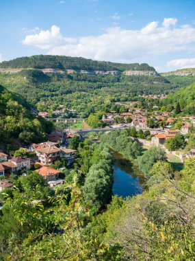 View from above with the medieval buildings and houses in Veliko Tarnovo, the historical and cultural capital of Bulgaria