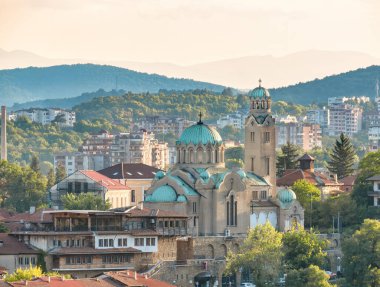 Veliko Tarnovo, Bulgaria - August 2022: View from above with Cathedral of the Nativity of the Virgin Mary in Veliko Tarnovo