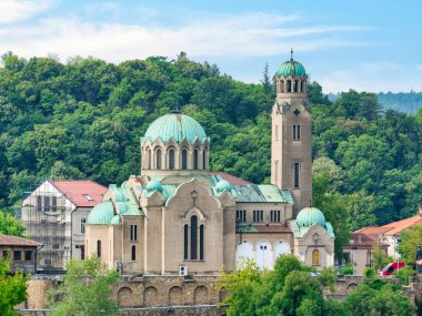 Veliko Tarnovo, Bulgaria - August 2022: View with Cathedral of the Nativity of the Virgin Mary in Veliko Tarnovo