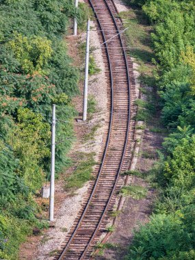 View from above with railroad tracks surrounded by forest near Veliko Tarnovo, Bulgaria