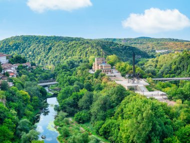 View from above with Boris Denev State Art Gallery and Monument to the Assen Dynasty two main tourist attraction in Veliko Tarnovo, Bulgaria
