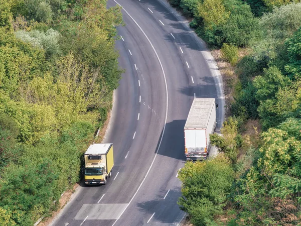 View from above with transportation truck lorry on the highway near Veliko Tarnovo, Bulgaria.