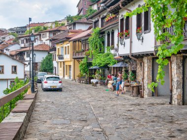 Veliko Tarnovo, Bulgaria - August 2022: Scene from the medieval cobblestone alleys in Veliko Tarnovo