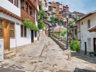 Veliko Tarnovo, Bulgaria - August 2022: Scene from the medieval cobblestone alleys in Veliko Tarnovo