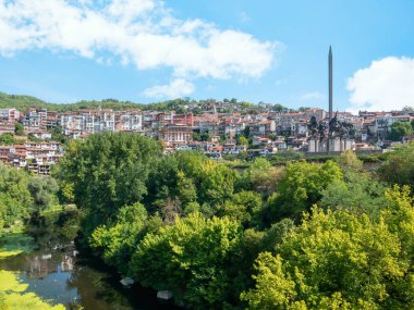 Veliko Tarnovo, Bulgaria - August 2022: View with Monument to the Assen Dynasty one of the main tourist attraction in Veliko Tarnovo, Bulgaria