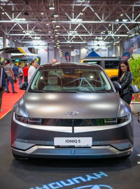 Bucharest, Romania - 10.07.2022: Close up detail front view with the new Hyundai Ioniq 5 electric car