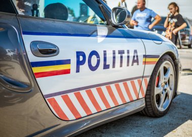 Bucharest, Romania - 10.07.2022: Police car on the street. Romanian police patrolling. Close up.