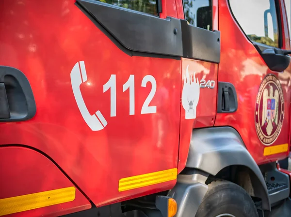 Bucharest, Romania - 10.07.2022:112 emergency number on a fire fighter car