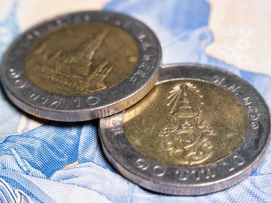 Macro detail with a 10 Thai Baht coin. the baht is the official currency of Thailand