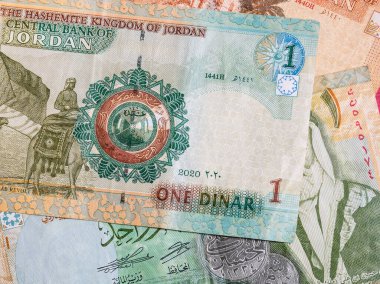 Macro detail picture with one Jordanian dinar banknote. JOD is the official currency in The Hashemite Kingdom of Jordan
