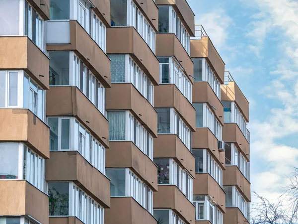 stock image New reconditioned old communist apartment building. Ugly traditional communist housing ensemble