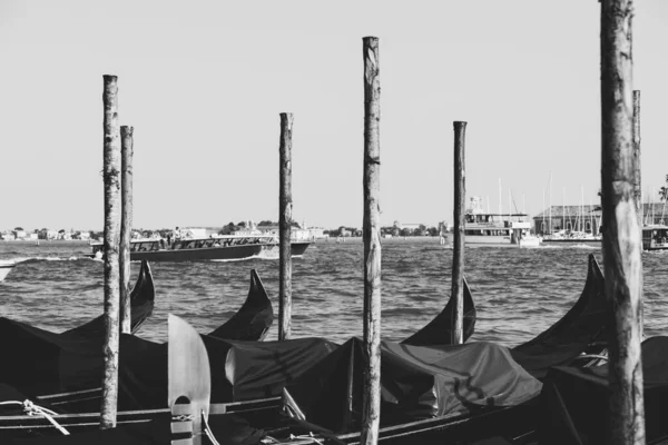 圣马克广场附近的大运河上停放着带有贡多拉的黑白细节简约画 — 图库照片