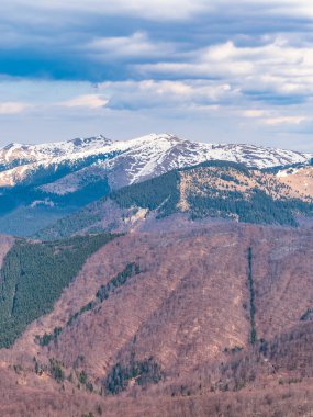 Bucegi Dağları 'nın karlı zirveleriyle Baiului Dağları' ndan manzara. Romanya 'da Karpatlar.