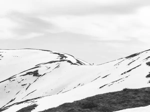 Black and white abstract minimalist picture with a lonely hiker walking on the snowy mountain. Carpathian Mountains in Romania.