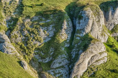 Ciucas Dağları 'nda yeşil taze yosunlarla kaplı devasa kaya oluşumu. Romanya 'nın Karpat Dağları' ndaki manzara manzaraları.