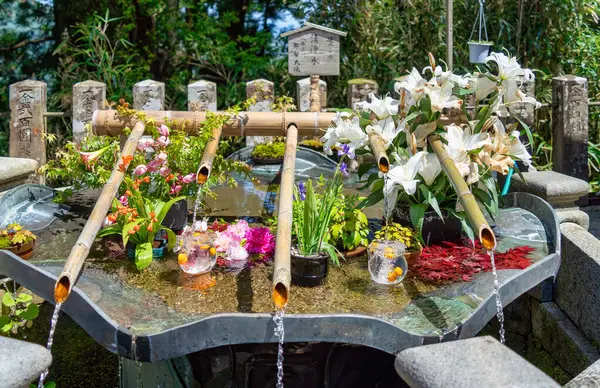 stock image Water fountain for purification called temizuya at the entrance of Seiganto-ji temple in Japan.