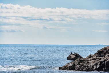 Lonely man fishing in the ocean. Dramatic rock formations on the coast of Pacific Ocean in Nachikatsuura, Wakayama, Japan, part of the Yoshino-Kumano National Park and Nanki Kumano geopark. clipart