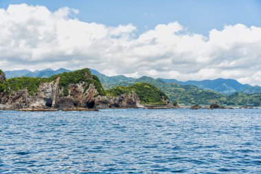 Pasifik Okyanusu kıyısındaki dramatik karst kireç taşı Nachikatsuura, Wakayama, Japonya, Yoshino-Kumano Ulusal Parkı ve Nanki Kumano jeopark 'ın bir parçası.