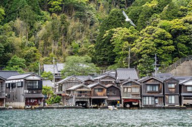 Japonya 'nın Ine kasabasında Ine Körfezi' nde Funaya adında ahşap rıhtım manzaralı geleneksel tekne evleri.