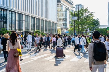 Osaka, Japonya - 05.04.2024: Osaka, Umeda bölgesinde Zebra yaya geçidi. Birçok insan kırmızı ışıkta karşıdan karşıya geçiyor.