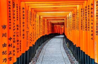 Torii kapısı Japonya 'nın Kyoto kentindeki Fushimi Inari Taisha tapınağında yürüyüş yolunu kapadı. (Japonca çeviriler farklı dini nimetlerdir.)