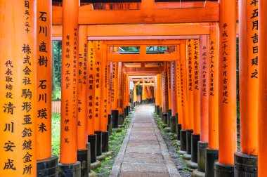 Torii kapısı Japonya 'nın Kyoto kentindeki Fushimi Inari Taisha tapınağında yürüyüş yolunu kapadı. (Japonca çeviriler farklı dini nimetlerdir.)