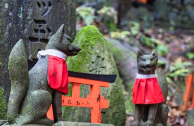 Japonya, Kyoto 'daki Fushimi Inari Taisha' da taş tilki heykeli. (Japonca metnin çevirisi: Din kutsaması)