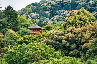 Kyomizu-dera Koyasunoto Pagoda 'nın Kyomizu-dera tapınağı kompleksinde yer aldığı manzara.