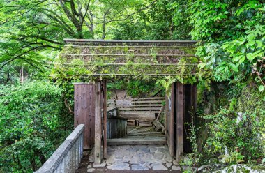Arashiyama dağ bölgesindeki geleneksel Budist Daihikaku Senkoji Tapınağı. Rustik Japon minimumu manzara.