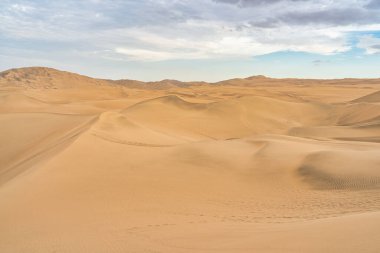 Huacachina, Peru yakınlarındaki pürüzsüz altın kum tepeleri ile Ica çölü manzarası.