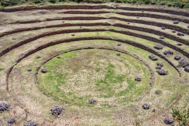 Moray 'in dairesel tarımsal teraslarıyla manzara. Peru' nun kutsal vadisinde İnka arkeolojik alanı..
