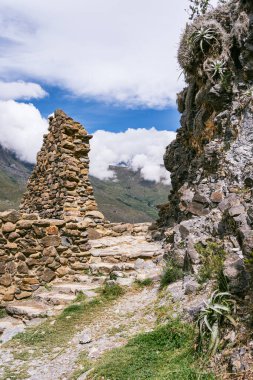 Scenic landscape view with the inca ruins at Ollantaytambo Archeological Site in the Sacred Valley of the Incas, Peru.