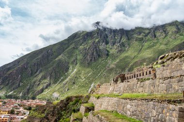 Scenic landscape view with Ollantaytambo Archeological Site in the Sacred Valley of the Incas, Peru.