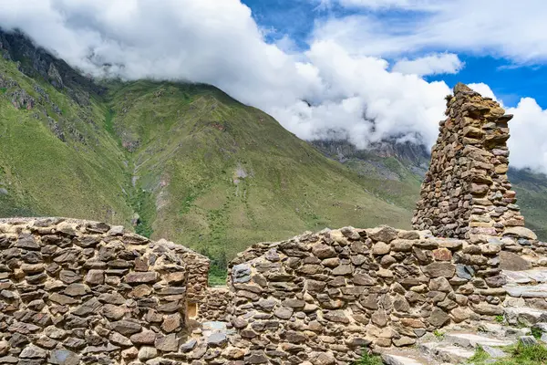 Scenic landscape view with the inca ruins at Ollantaytambo Archeological Site in the Sacred Valley of the Incas, Peru.