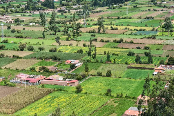 Scenic rustic view of agricultural fields and traditional rural landscape in Ollantaytambo, located in the Sacred Valley of the Incas, Peru.