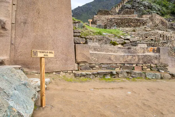 Temple del Sol or Sun Temple, a wall of six monoliths stone blocks at Ollantaytambo archaeological site, in the Sacred Valley of Peru