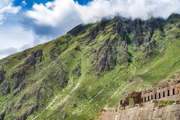 Scenic landscape view with Ollantaytambo Archeological Site in the Sacred Valley of the Incas, Peru.