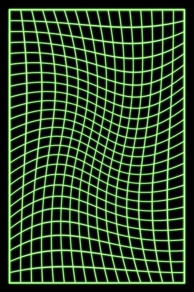 Retro neon green grid or lattice distorted into swirl. Bright glowing retro sci-fi laser lights.