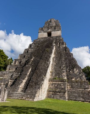 1. Tapınak ya da Tikal Ulusal Parkı 'ndaki büyük jaguar, güneşli bir günde Guatemala' daki antik Maya kalıntıları..