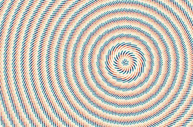 Dairesel şekildeki Retro renkli noktalar. Soyut geometrik tasarım. Renkli noktalı filoteksen girdap dizilimi.