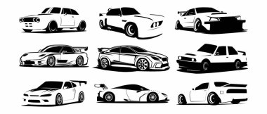 araba siyah ve beyaz illüstrasyon tasarım vektör sanatı seti
